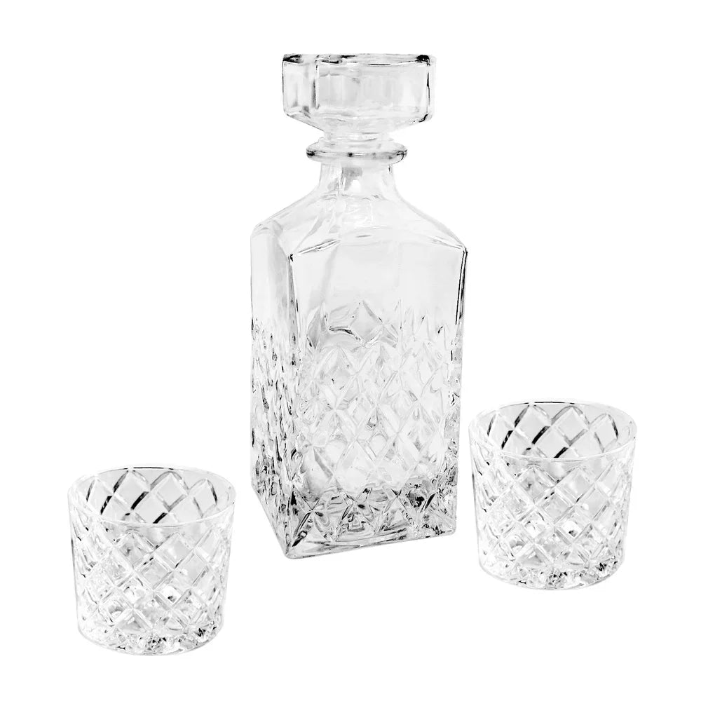 Diamond Cut Clear Glass Decanter and DOF Set 3 Pack 32oz Decanter 8oz Old Fashioned Glasses Durable Dishwasher Safe