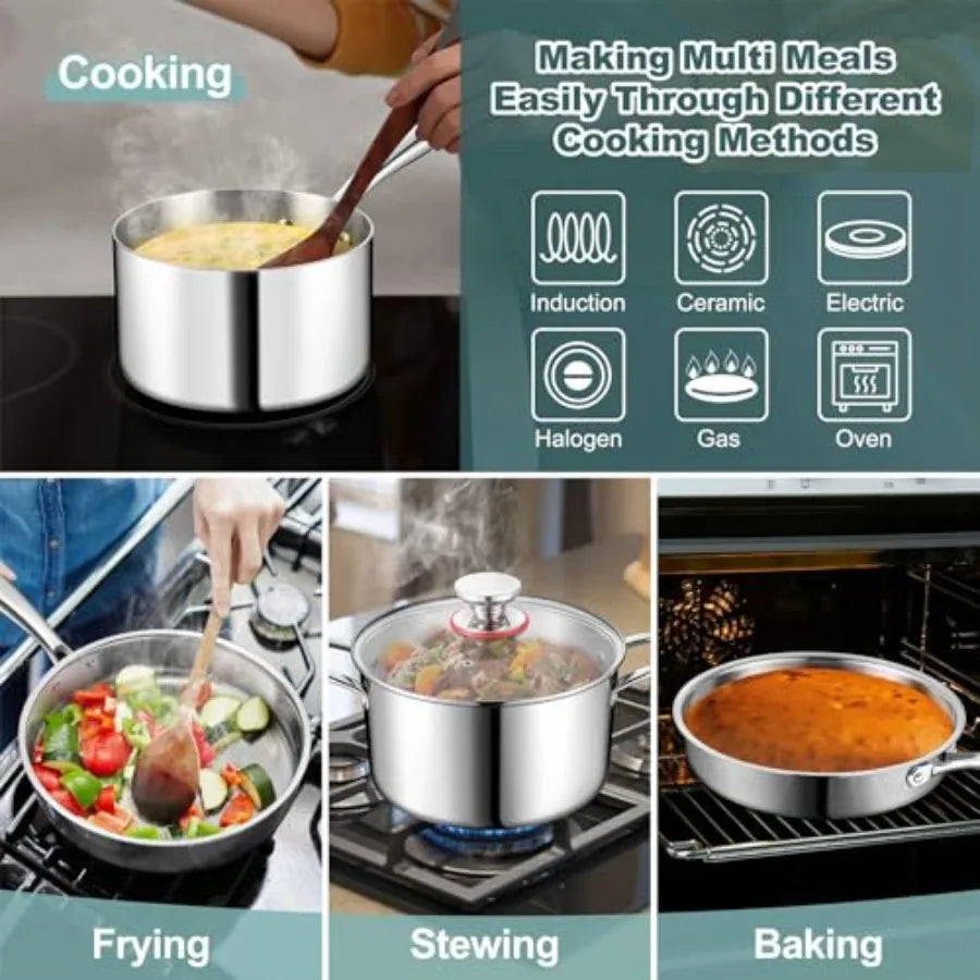 10 Pcs Pots and Pans Set Stainless Steel Cookware Sets for Kitchen Induction Cookware Nontoxic Kitchen Cooking Set w Fry Pans S