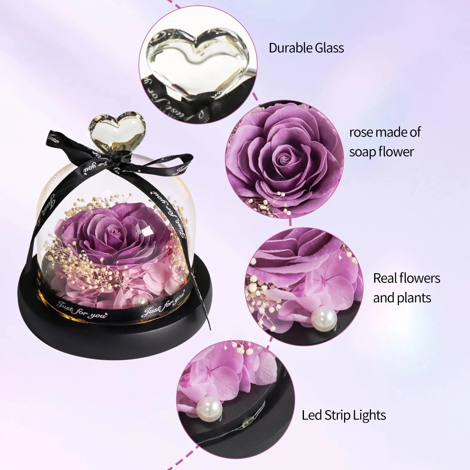 Purple Soap Rose in Glass Dome with LED Light