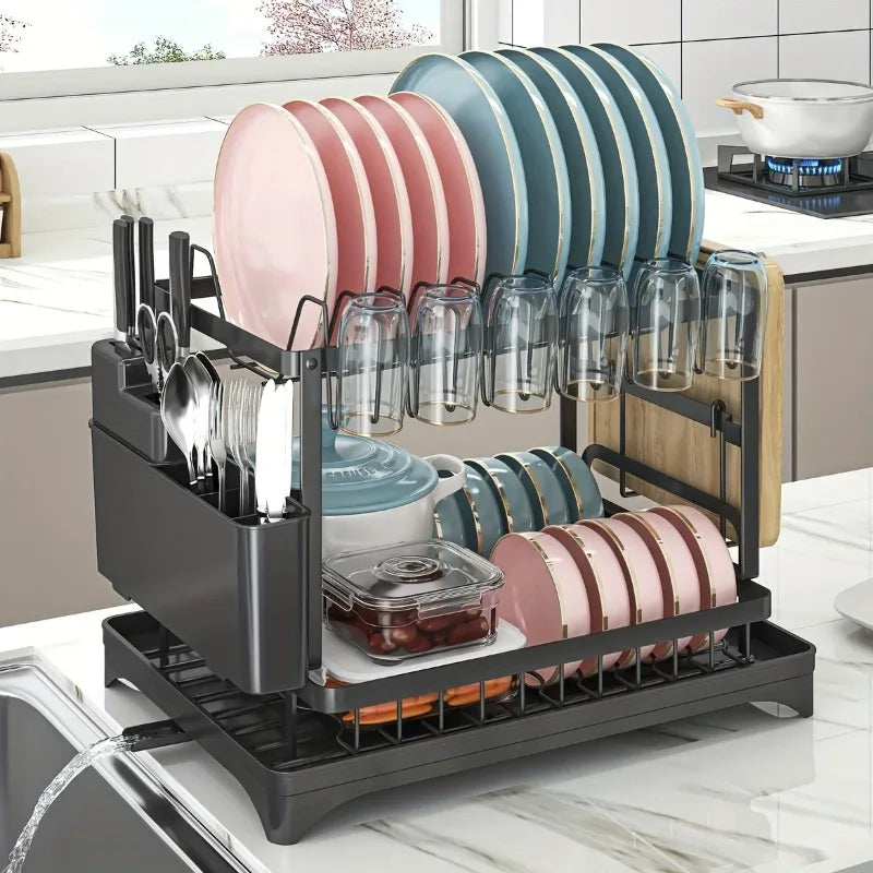 2-Tier Metal Dish Drying Rack – Black Kitchen Counter Dish Drainer with Drainboard