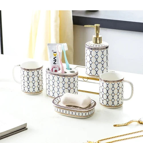 Ivory Porcelain & Gold-Plated Ceramic Bathroom Set – Striped Blue