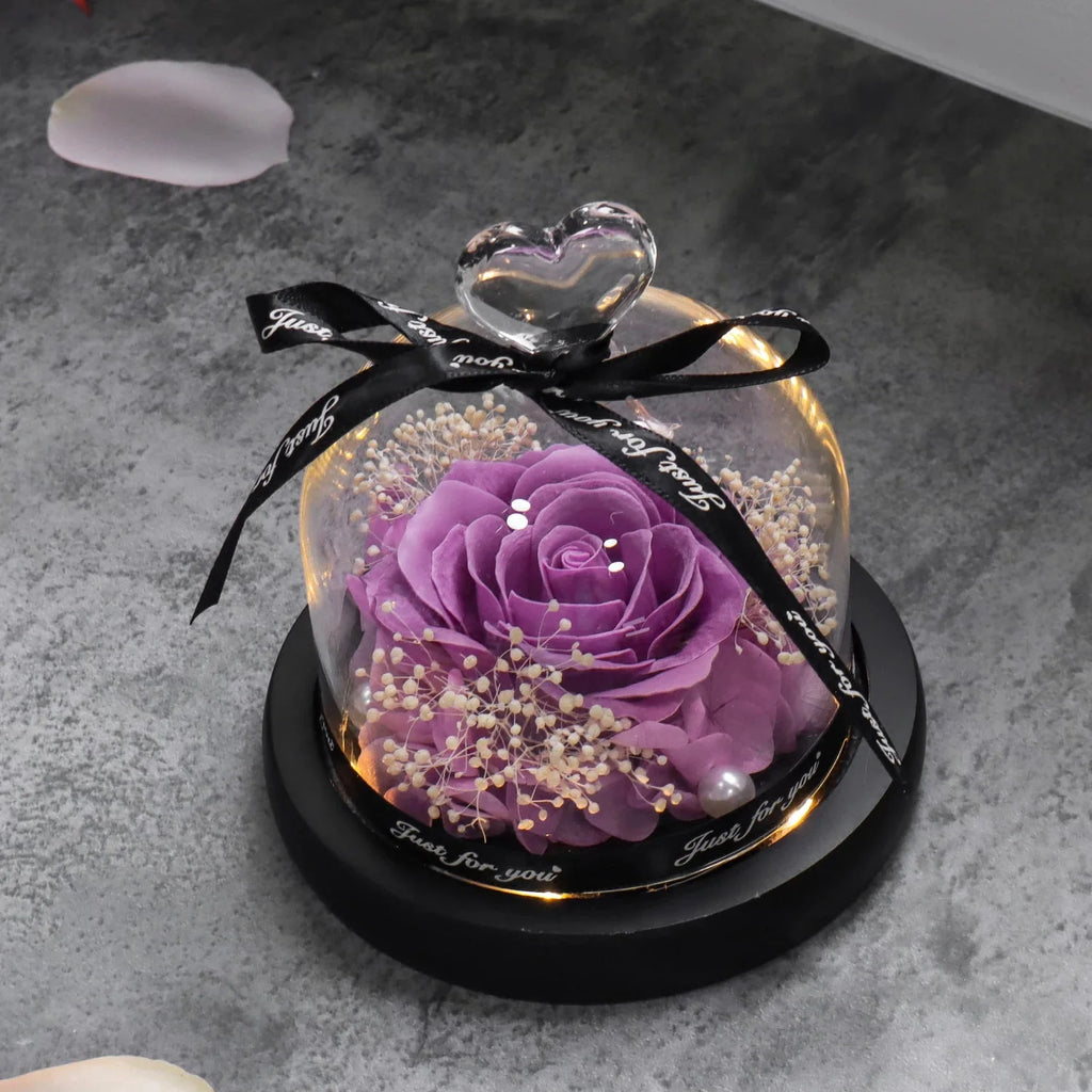 Purple Soap Rose in Glass Dome with LED Light