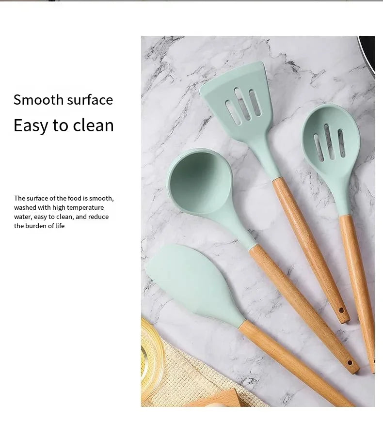 12pcs Silicone Cooking Utensil Set – Multi-Color, Heat-Resistant Kitchenware with Wooden Handles, Non-Stick Spatulas & Spoons