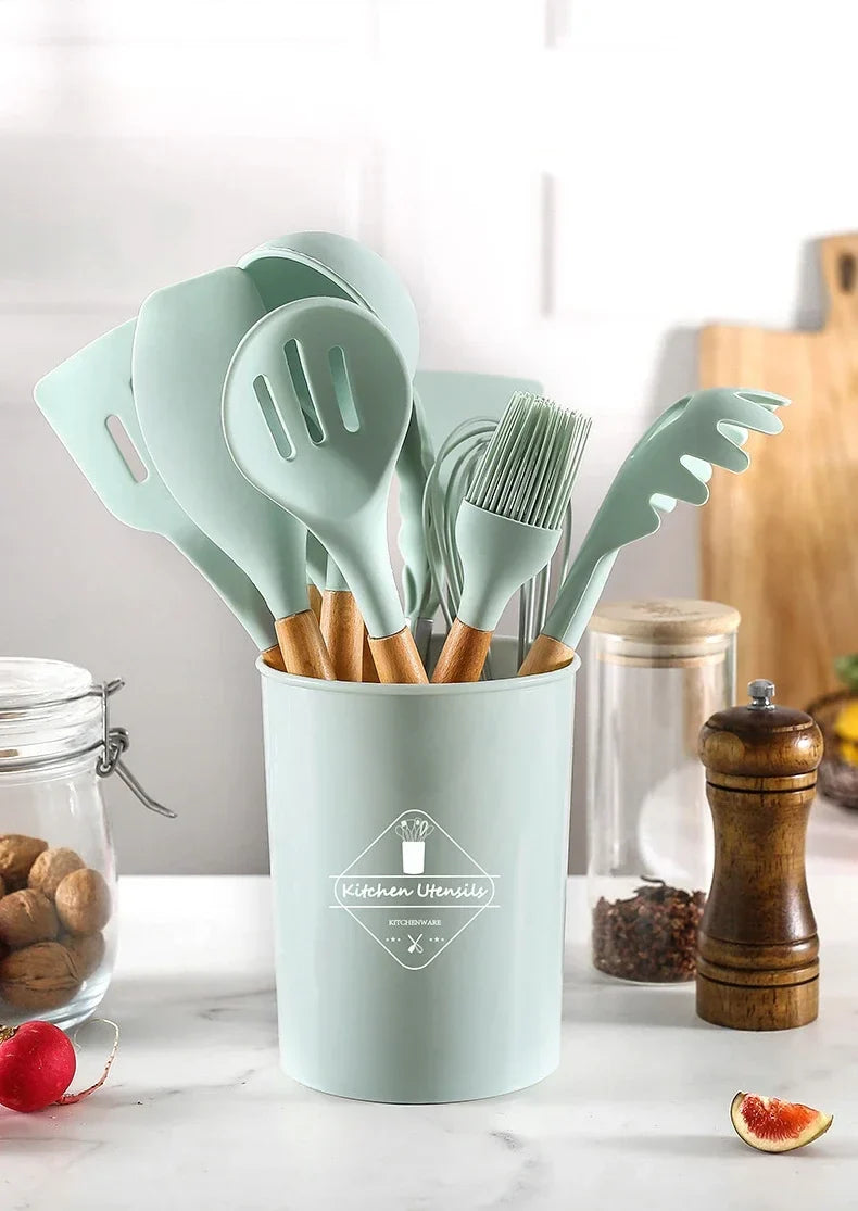 12pcs Silicone Cooking Utensil Set – Multi-Color, Heat-Resistant Kitchen Tools with Wooden Handles, Non-Stick Spatulas & Spoons