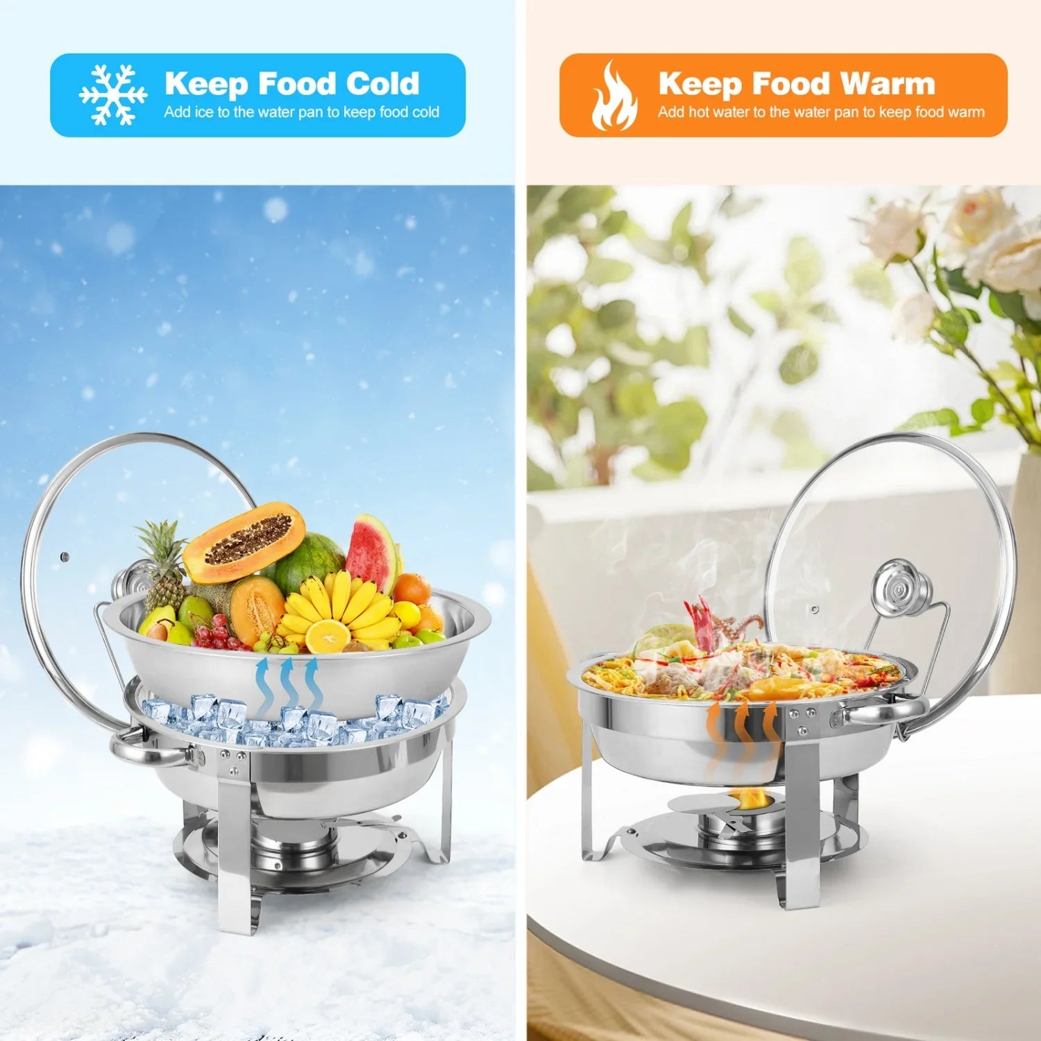 2/4 Pack Chafing Dish Buffet Set, 5QT Buffet Servers and Warmers, Round Catering Warmer with Glass Lid & Lid Holder for Party