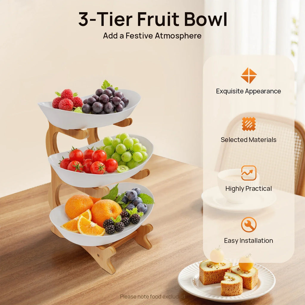 3-Tier Fruit & Dessert Tray Stand – Multi-Layer Snack, Candy & Cake Display with Bamboo Wood Rack for Parties, Weddings & Home Decor