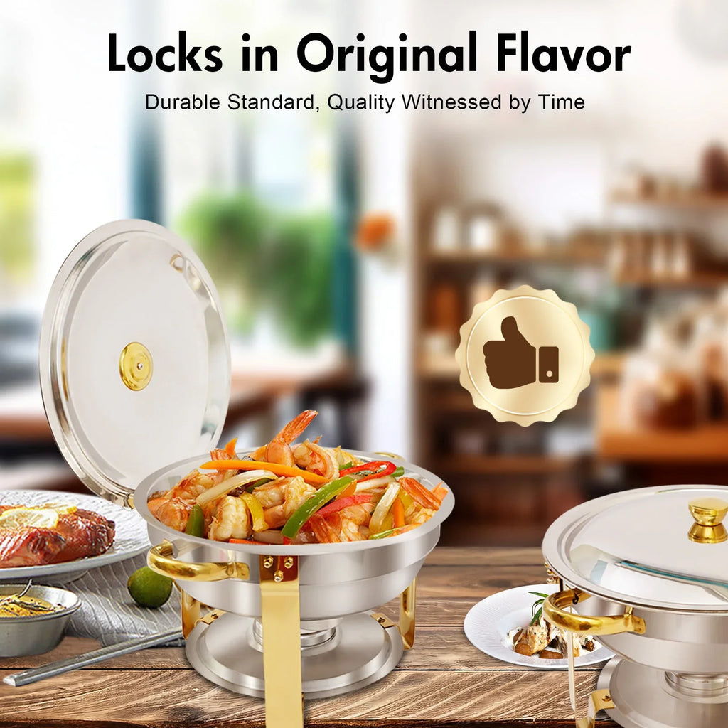 5QT Chafing Dish Buffet Set Stainless Steel Round Half-Gold Plated Buffet Warmer Set for Home Parties Christmas Buffet Birthday