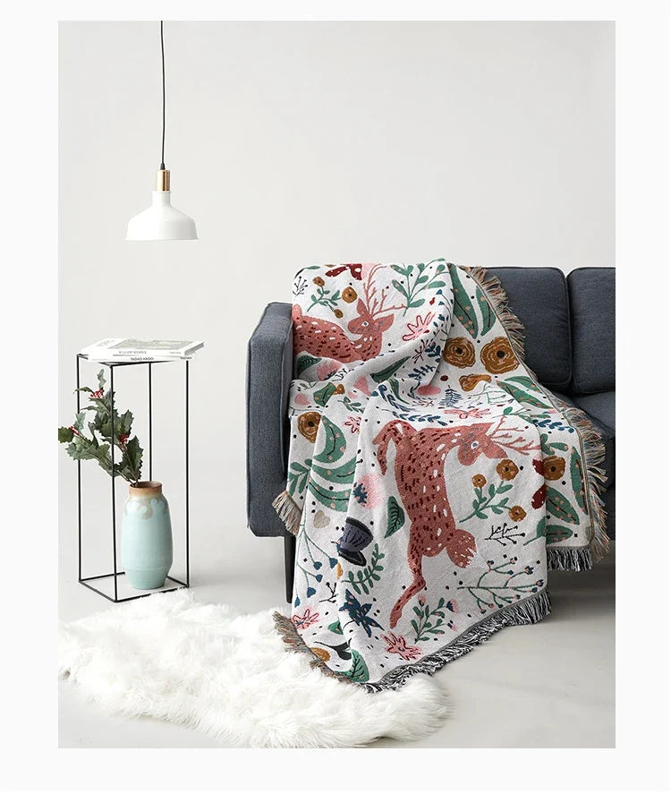 Floral Deer Forest Woven Throw Blanket