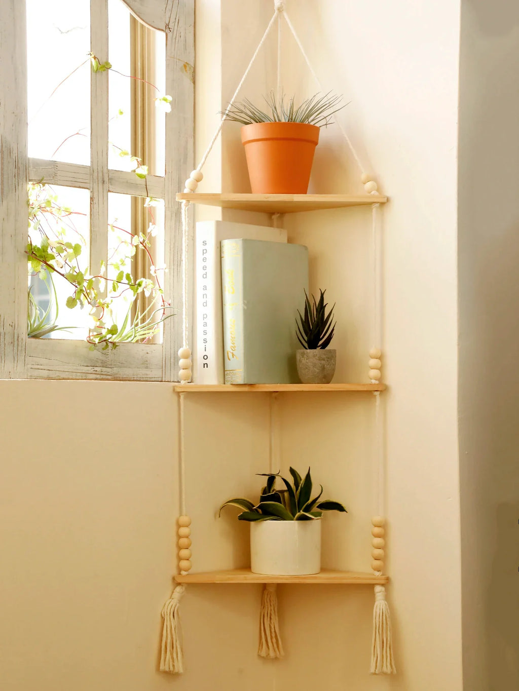 Boho Macrame Hanging Wooden Shelf – Handcrafted Floating Wall Shelf for Home Decor