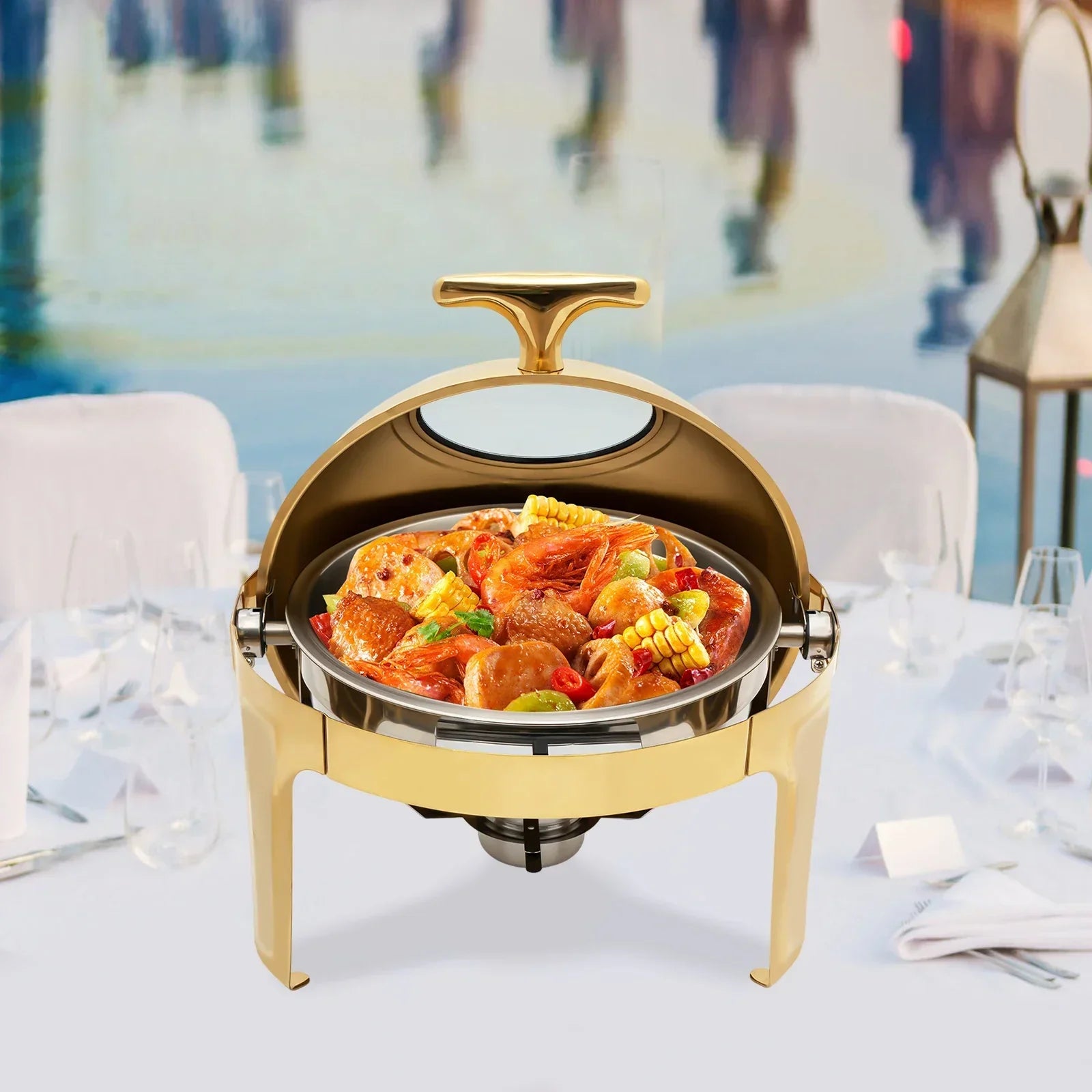 BYMAOCAR Round Chafing Dish Buffet Set 6.3 QT, Roll Top Stainless Steel Buffet Warmer Chafers with Food and Water Trays