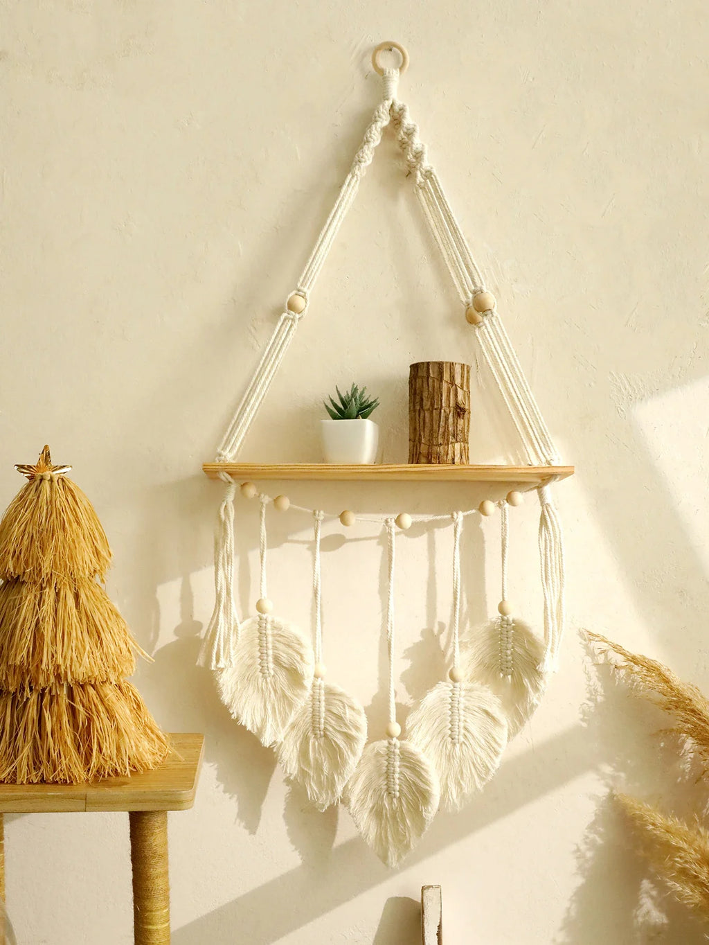 Boho Macrame Floating Wall Shelf with Leaf Tassels