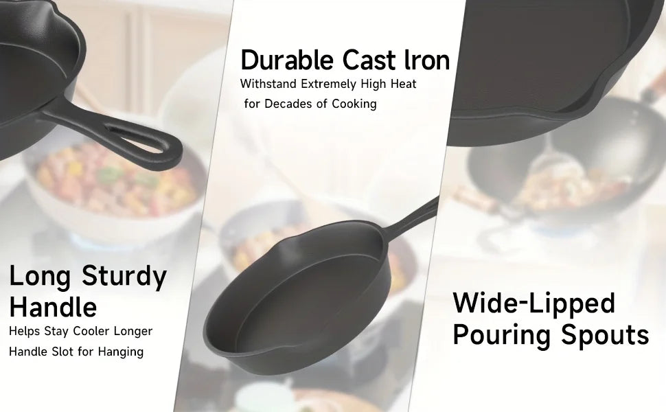 3PCS Pre-Seasoned Cast Iron Skillet Set (6/8/10 Inch) – Heavy-Duty Frying Pans for Oven, Grill & Campfire Cooking, Even Heat with Natural Non-Stick Surface