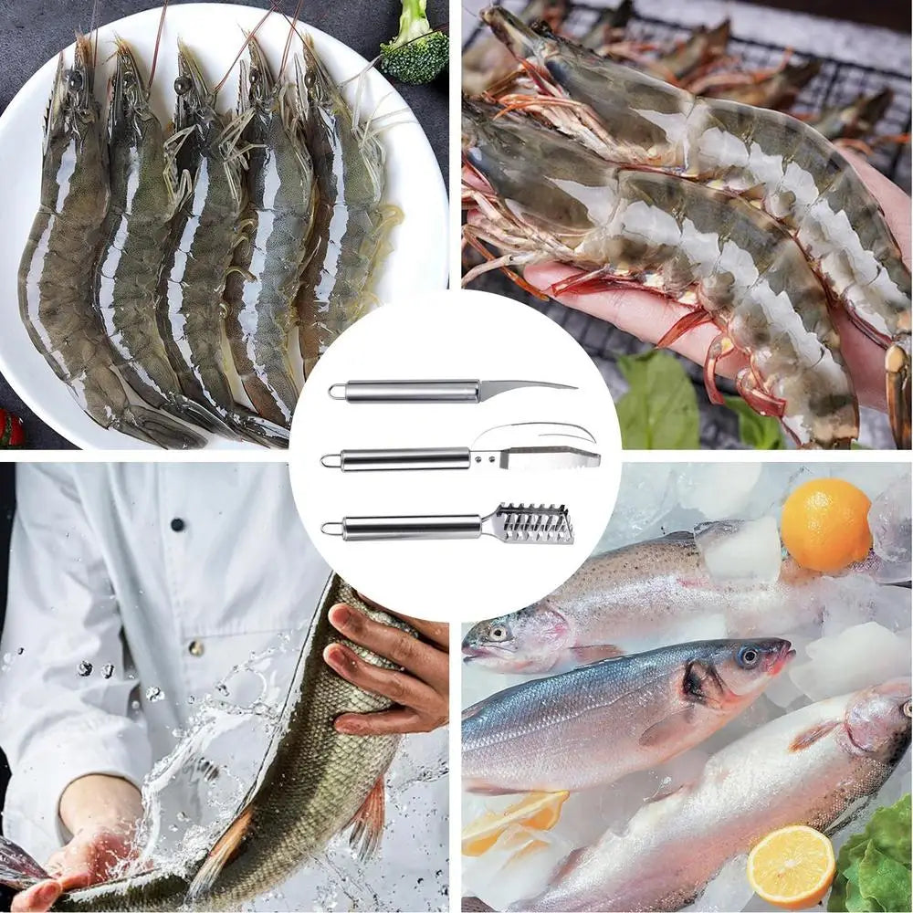 Fish Scale Remover & Shrimp Deveiner Tool – Stainless Steel Scaler Knife, Skin Brush & Kitchen Tweezers for Seafood Cleaning