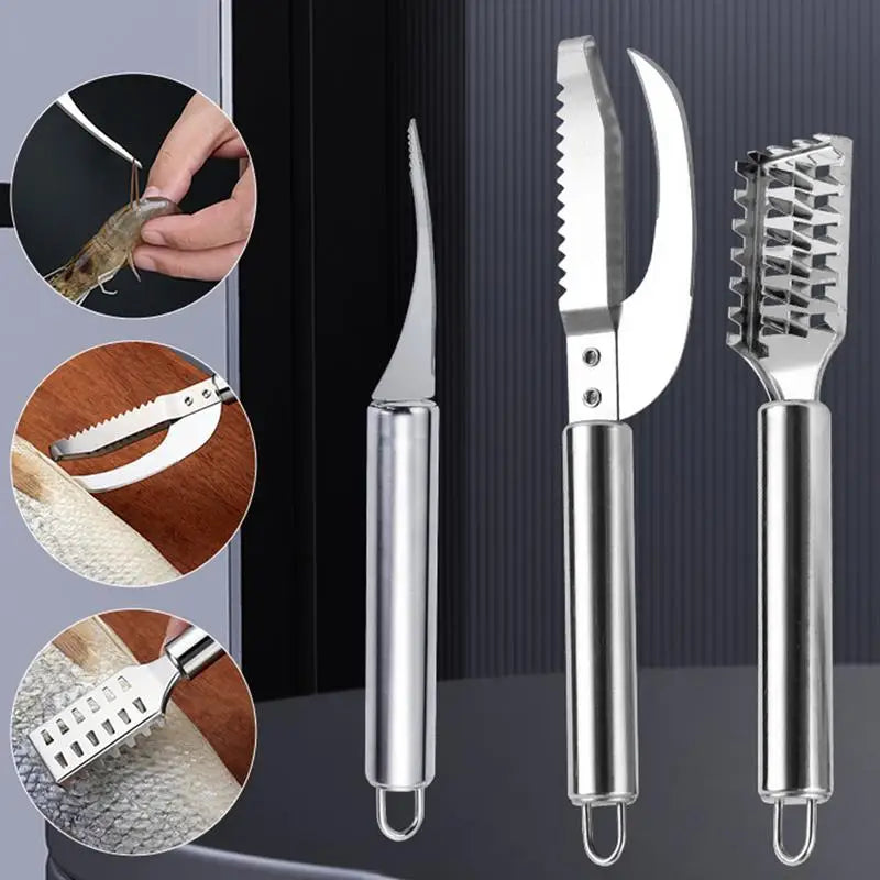 Fish Scale Remover & Shrimp Deveiner Tool – Stainless Steel Scaler Knife, Skin Brush & Kitchen Tweezers for Seafood Cleaning