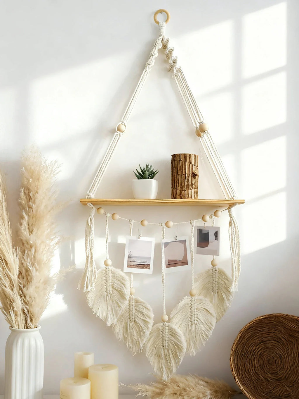 Boho Macrame Floating Wall Shelf with Leaf Tassels