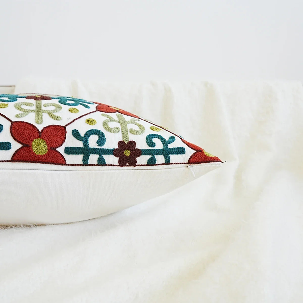 Boho Home Decor Floral Embroidered Pillow Cover – Square Decorative Cushion Case for Sofa & Home