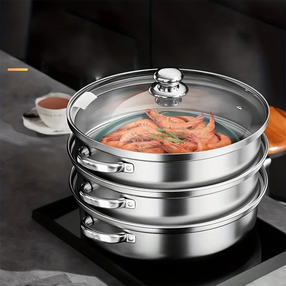 5PCS Stainless Steel Double & Triple Layer Steamer Soup Pot – 2-in-1 Multifunctional Cooking Set