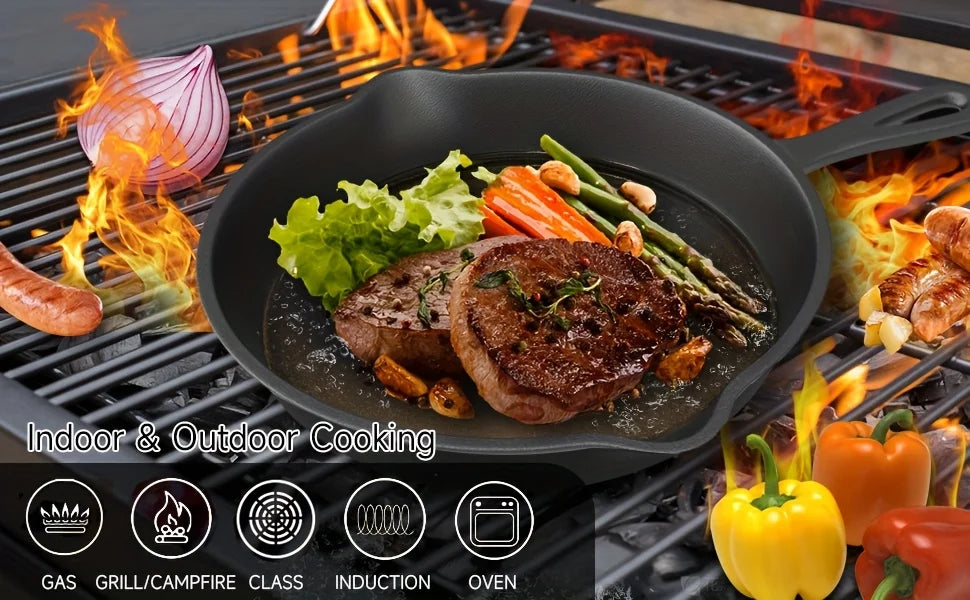 3PCS Cast Iron Skillet Set (6/8/10 Inch)  Pre-Seasoned, Heavy-Duty Pans for Oven, Grill & Campfire, Even Heat, Non-Stick Surface