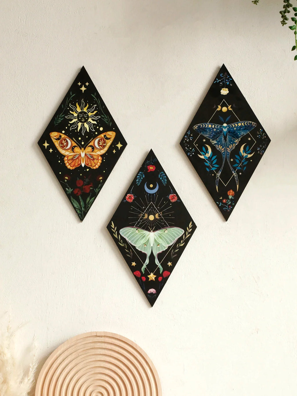 Butterfly & Moon Wooden Wall Art – Hand-Painted Nordic Boho Home Decor Accent