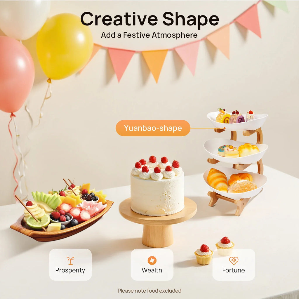 3-Tier Fruit Plate,Snack Dessert Cake Tray Plate Rack for Party Wedding,Fruit Bowl W/ Bamboo Wood Stand,Candy Dish Cake Stand