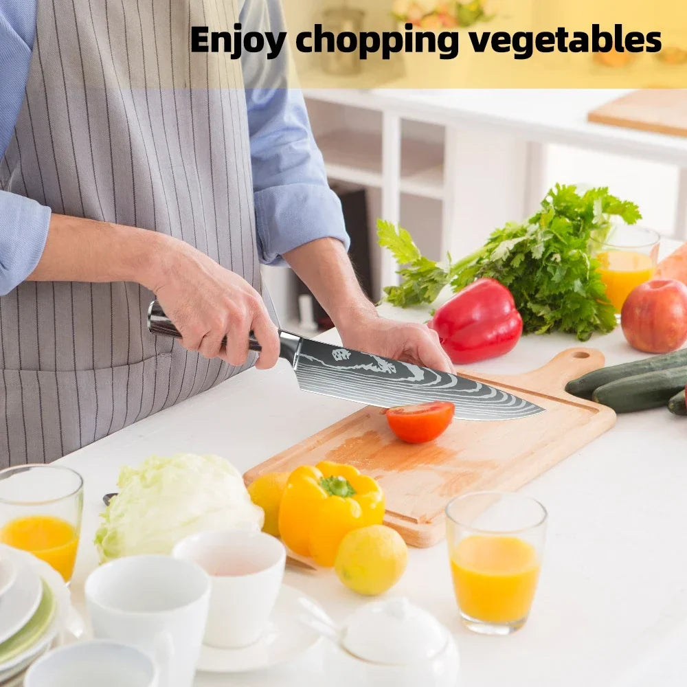 8/10pcs Japanese Kitchen Knife Set – Laser Damascus Pattern, High Carbon Stainless Steel Chef Knives for Meat, Vegetables & Fruit Slicing