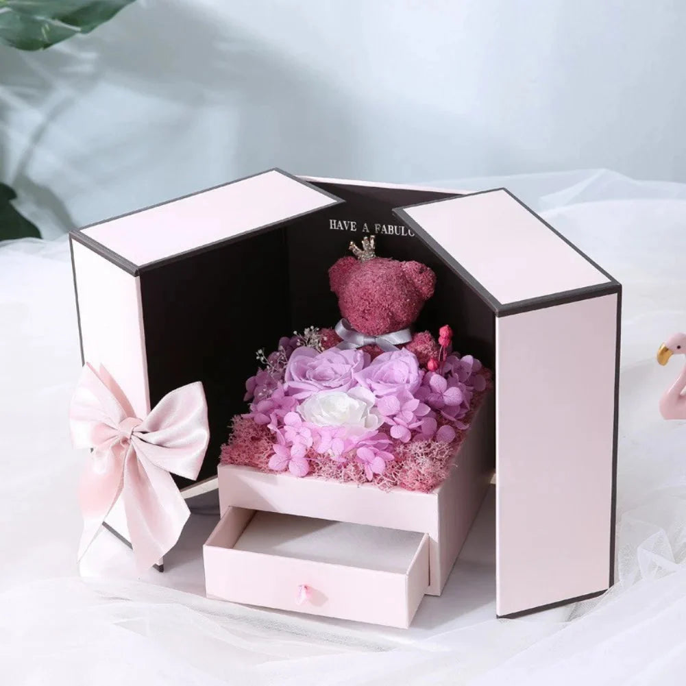 Rose Bear Gift Box with Eternal Rose and Necklace