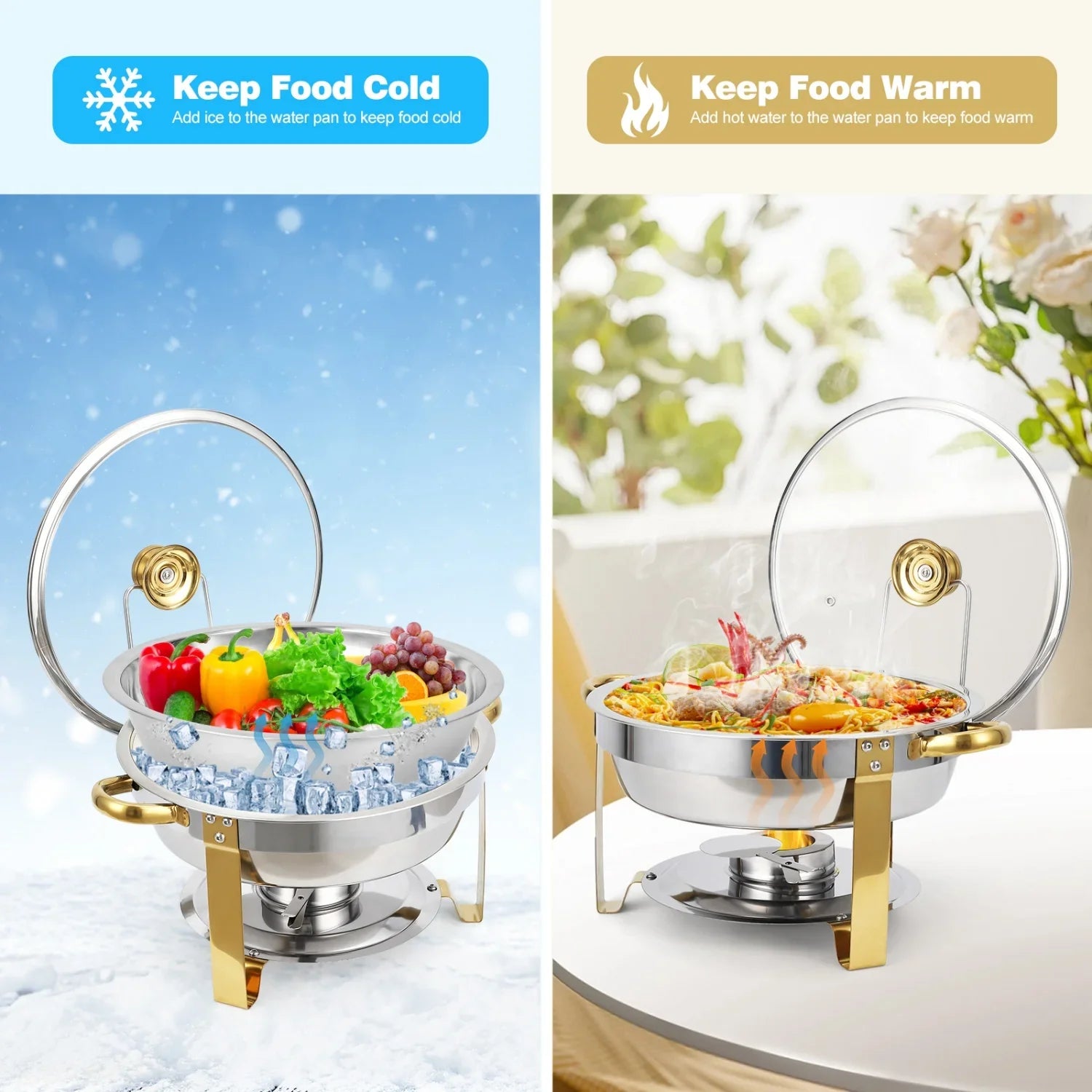 2/4 Pack Chafing Dish Buffet Set, 5QT Buffet Servers and Warmers, Round Catering Warmer with Glass Lid & Lid Holder for Party