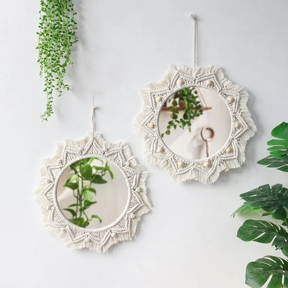 Boho Macrame Round Wall Mirror – Decorative Hanging Mirror for Bedroom & Living Room - Cream with Hanging Leaves