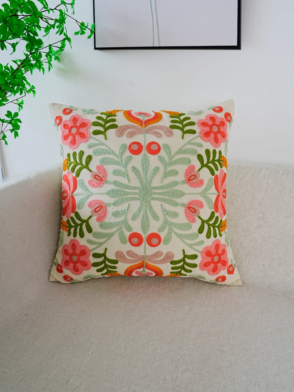 Colorful Flower Embroidery Throw Pillow Cover