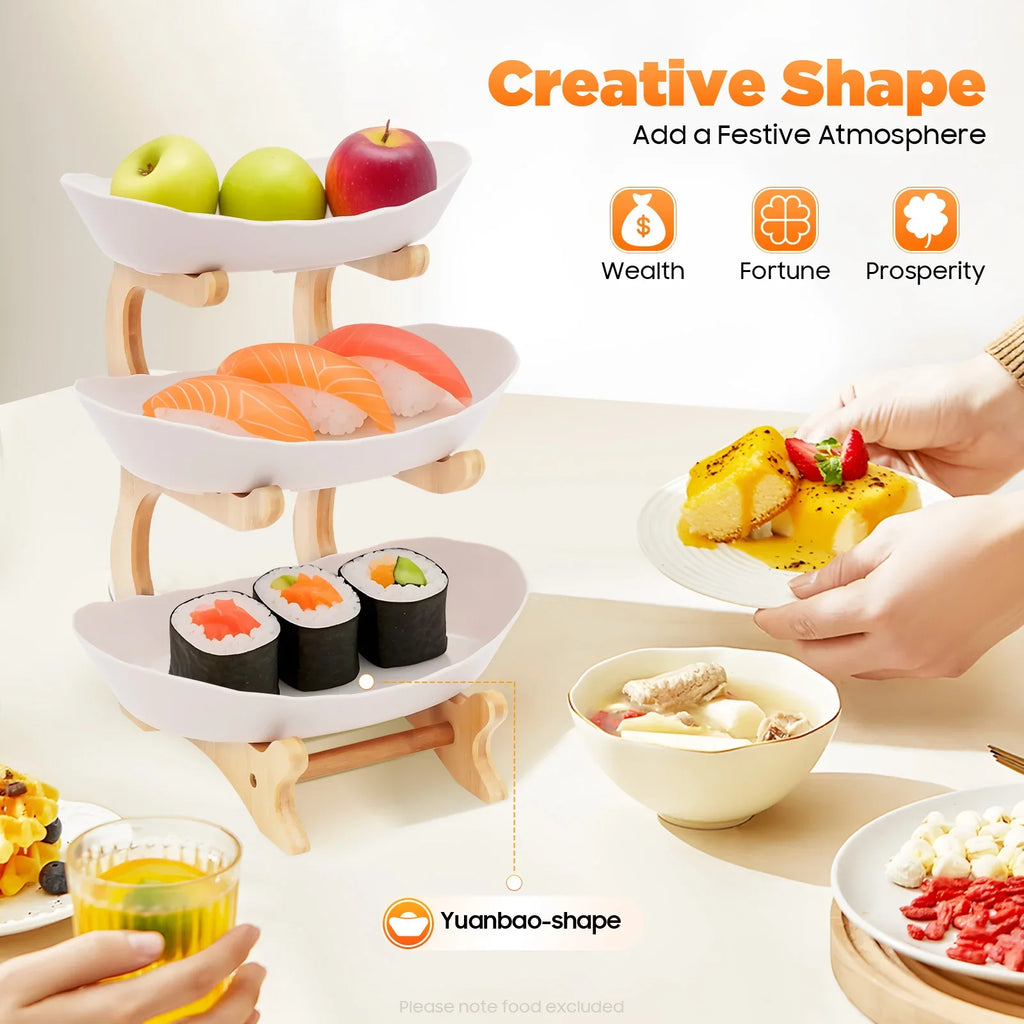 3-Tier Fruit Plate,Snack Dessert Cake Tray Plate Rack for Party Wedding,Fruit Bowl W/ Bamboo Wood Stand,Candy Dish Cake Stand