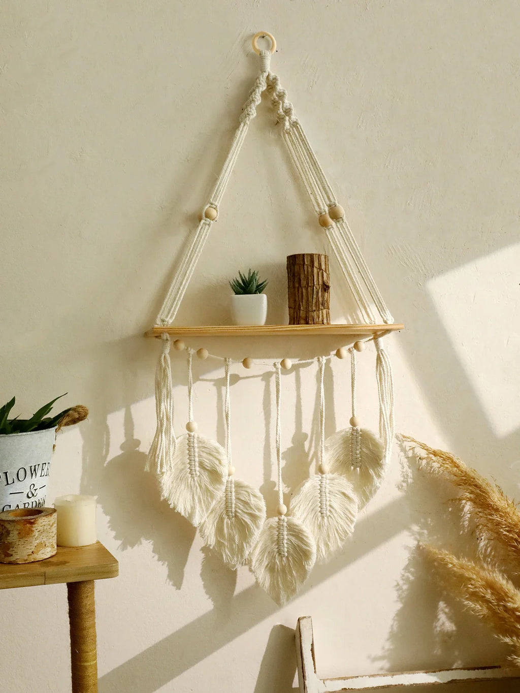 Boho Macrame Floating Wall Shelf with Leaf Tassels
