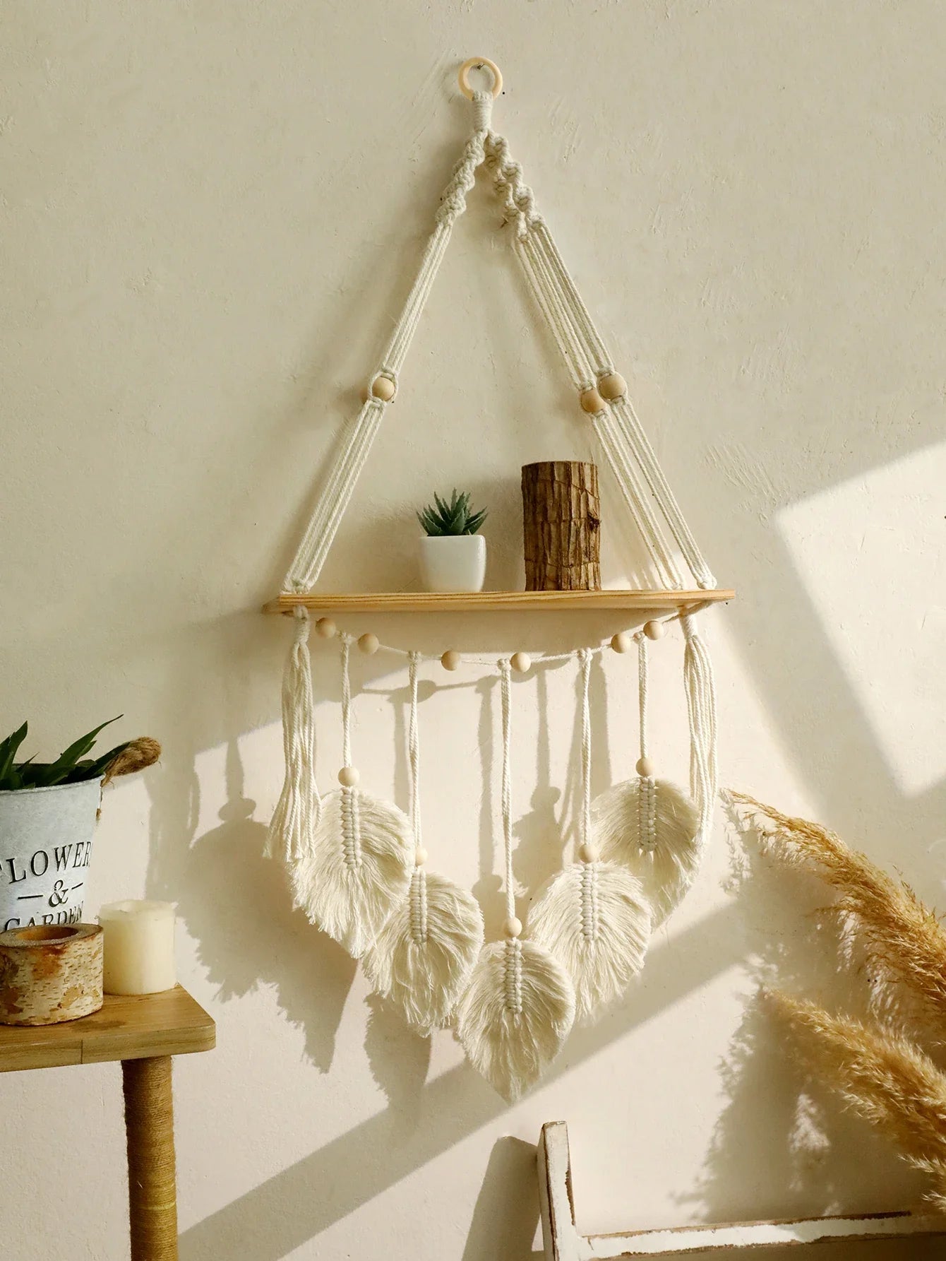 Boho Macrame Floating Wall Shelf with Leaf Tassels
