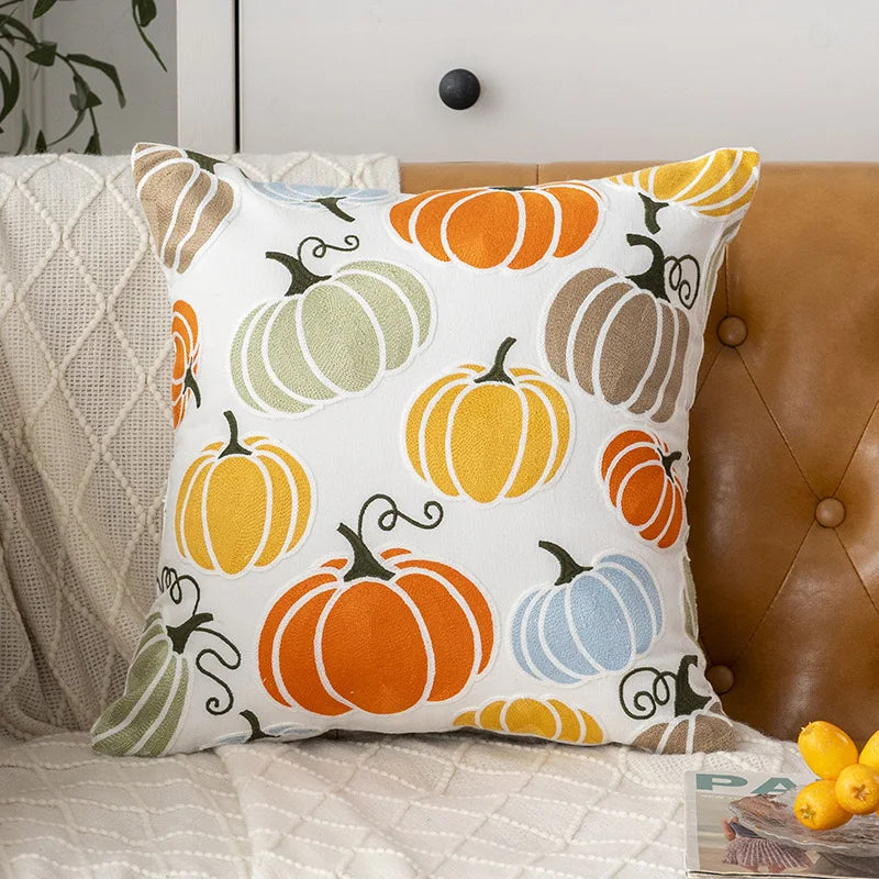 Embroidered Halloween Pumpkin Pillow Cover – Autumn Cushion for Sofa, Office & Home Decor