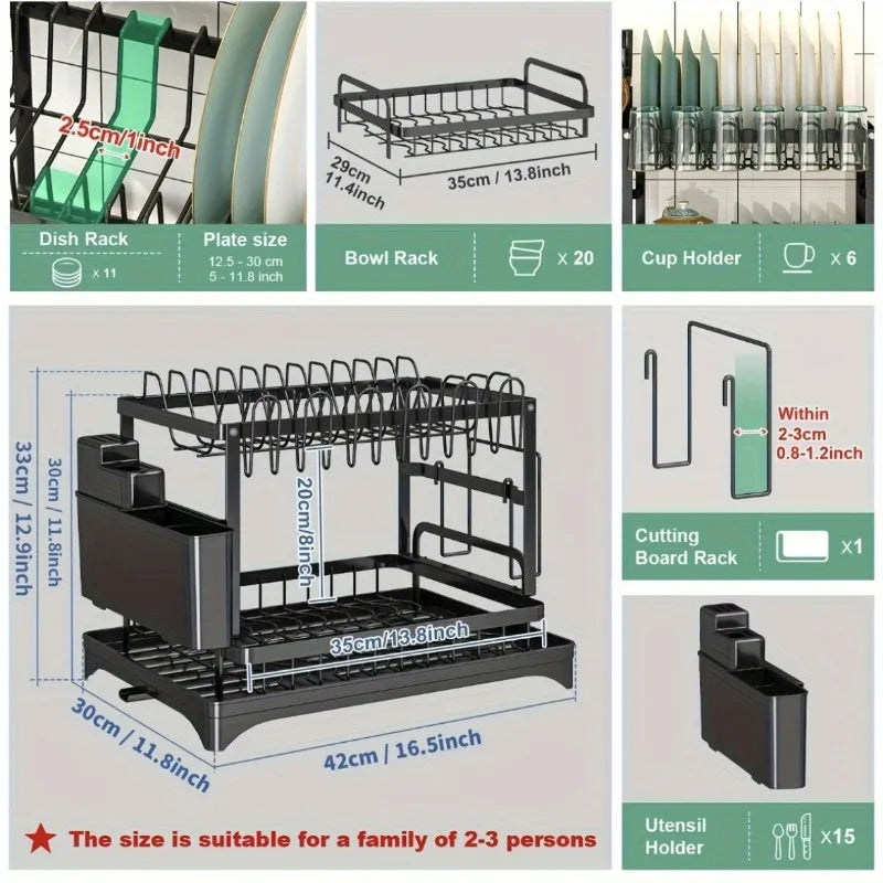 2-Tier Metal Dish Drying Rack – Black Kitchen Counter Dish Drainer with Drainboard