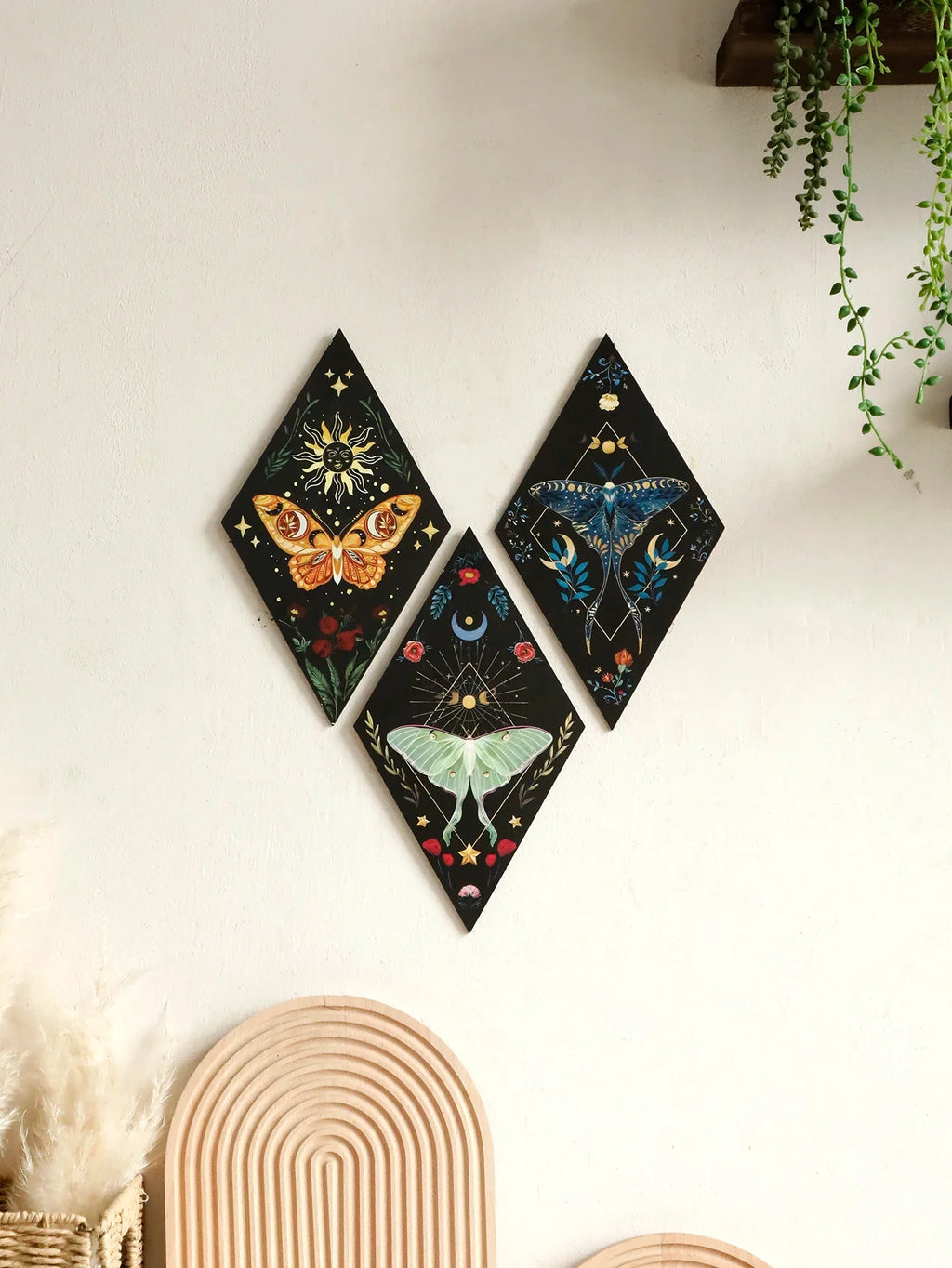 Butterfly & Moon Wooden Wall Art – Hand-Painted Nordic Boho Home Decor Accent