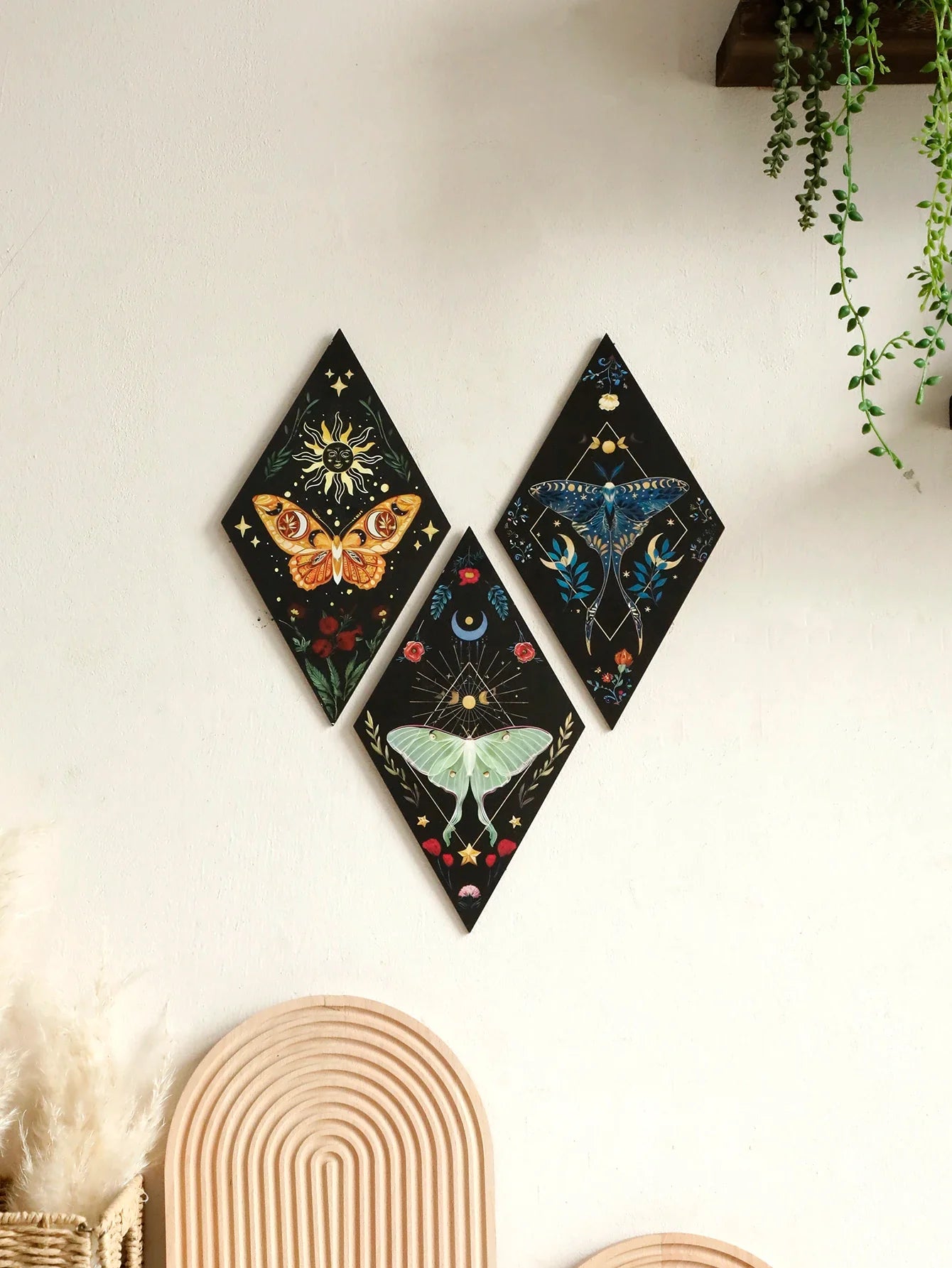 Butterfly & Moon Wooden Wall Art – Hand-Painted Nordic Boho Home Decor Accent