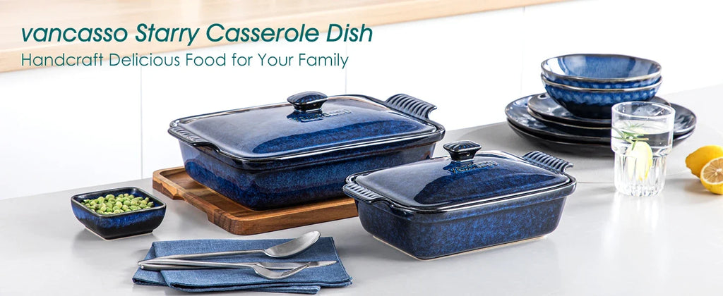 vancasso Starry 3.8/1.9 Quart Blue Casserole Baking Dish large lasagna pan with lid Stoneware casserole with lid Microwave