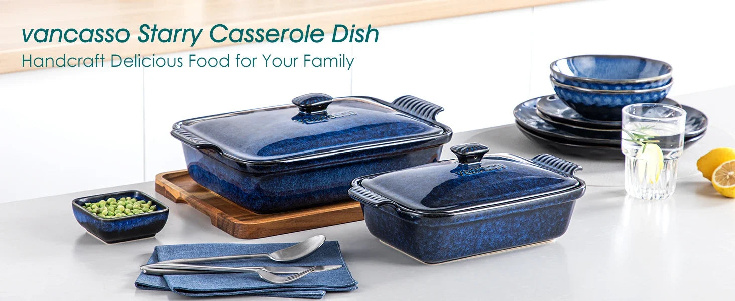 vancasso Starry 3.8/1.9 Quart Blue Casserole Baking Dish large lasagna pan with lid Stoneware casserole with lid Microwave