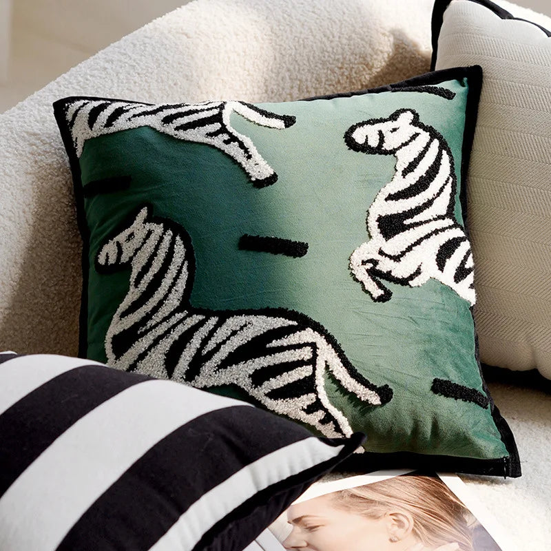 Nordic Embroidered Animal Pillow Cover – Modern Boho Plush Cushion for Couch, Bed or Nursery