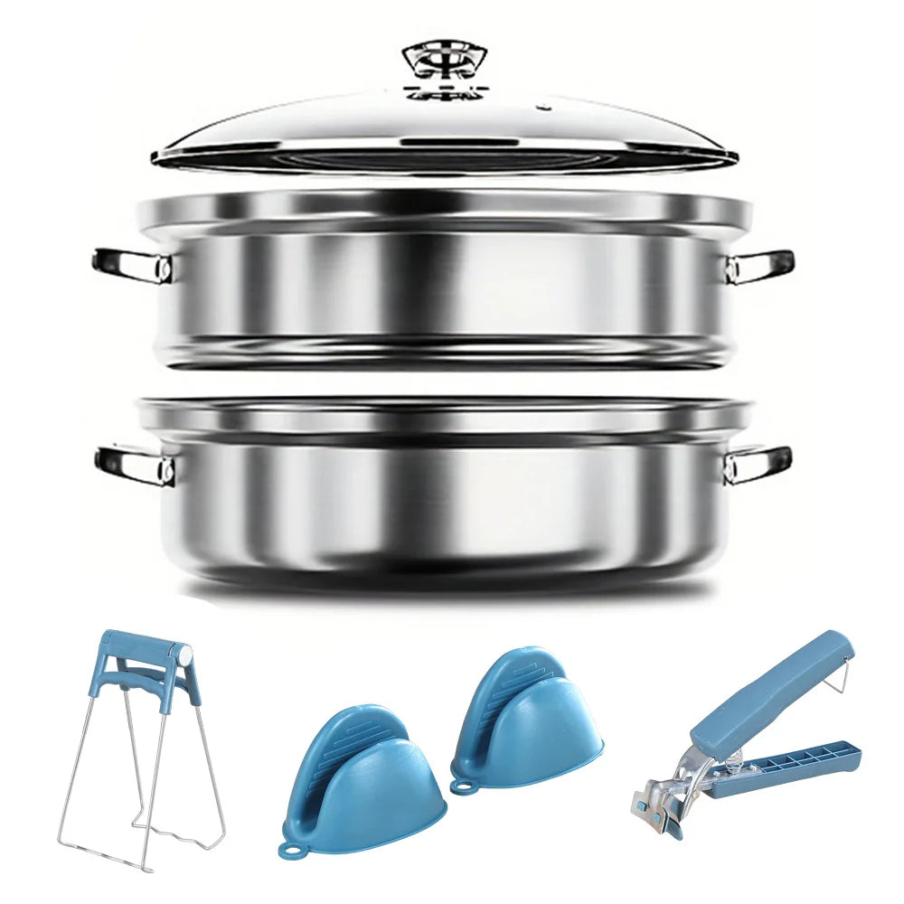 5PCS Stainless Steel Double & Triple Layer Steamer Soup Pot – 2-in-1 Multifunctional Cooking Set