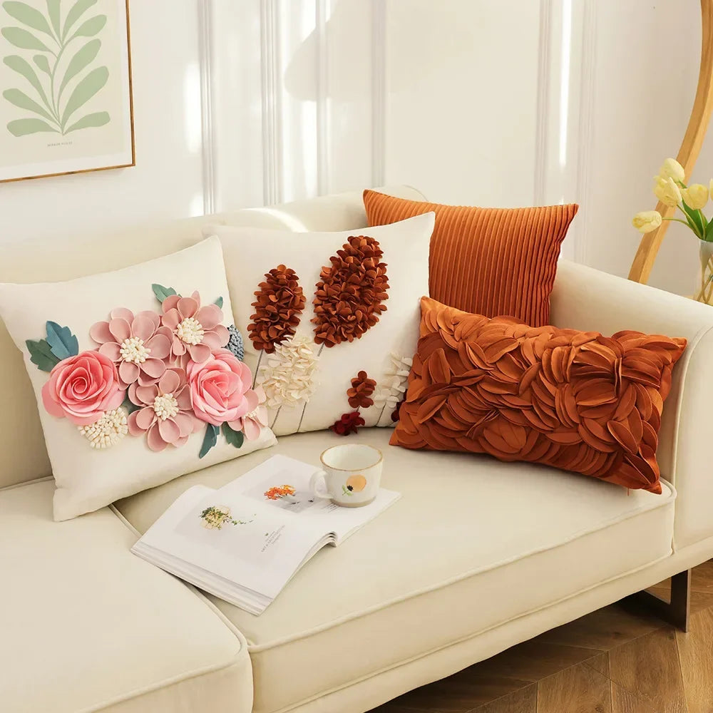 French Style Embroidered Patchwork Pillow Cover – Floral Cushion for Sofa, Bed & Living Room Decor