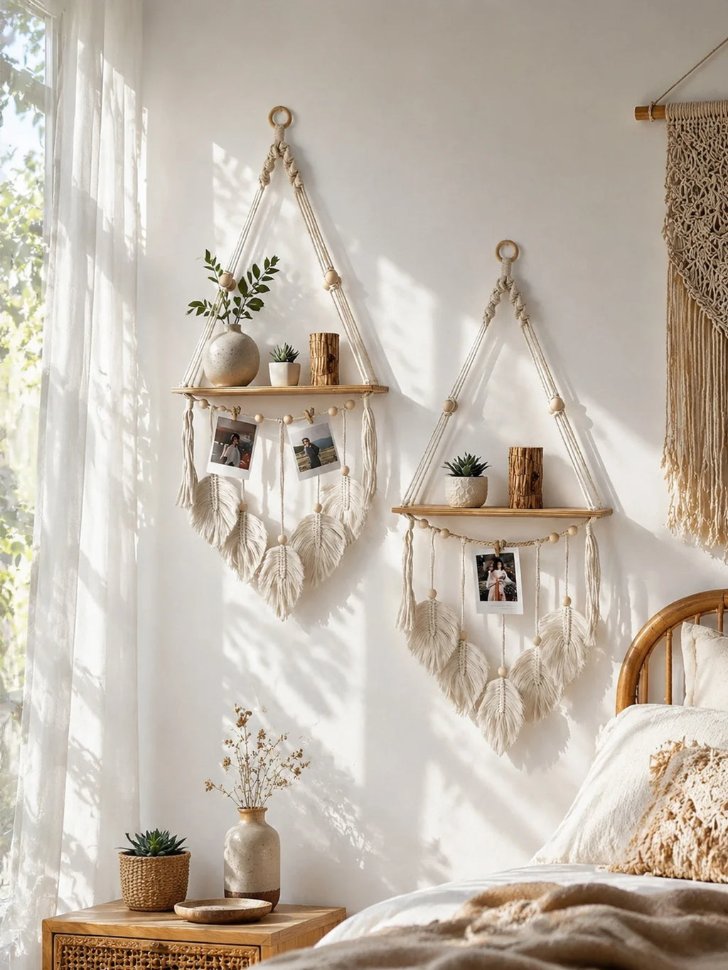 Boho Macrame Floating Wall Shelf with Leaf Tassels