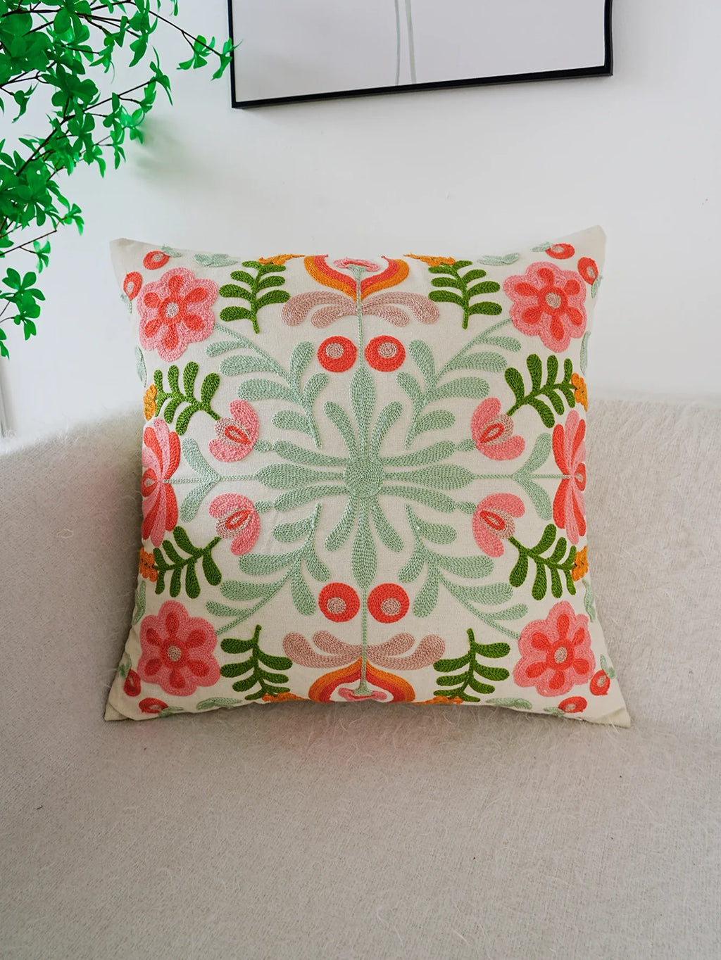 Colorful Flower Embroidery Throw Pillow Cover