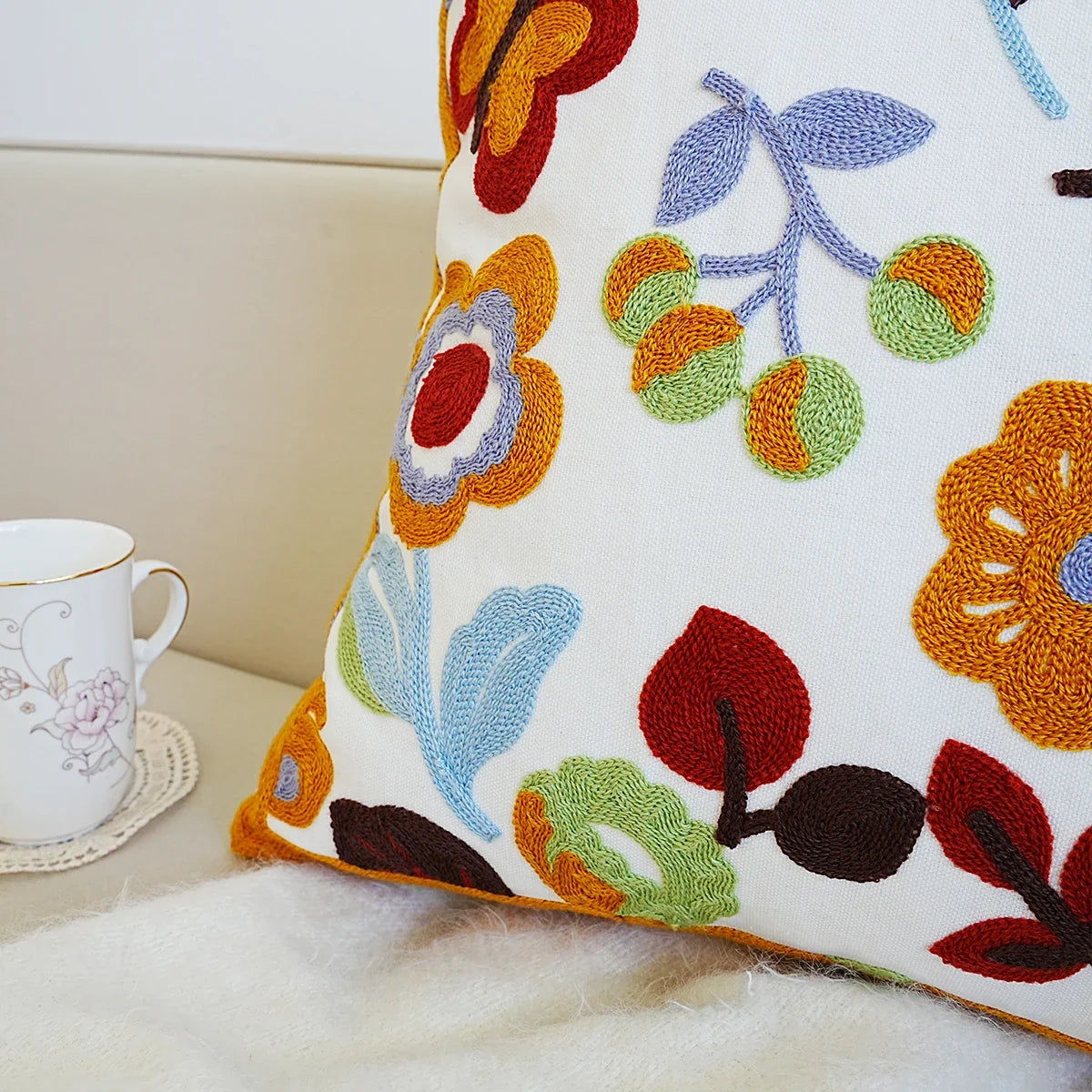 Boho Home Decor Floral Embroidered Pillow Cover – Square Decorative Cushion Case for Sofa & Home
