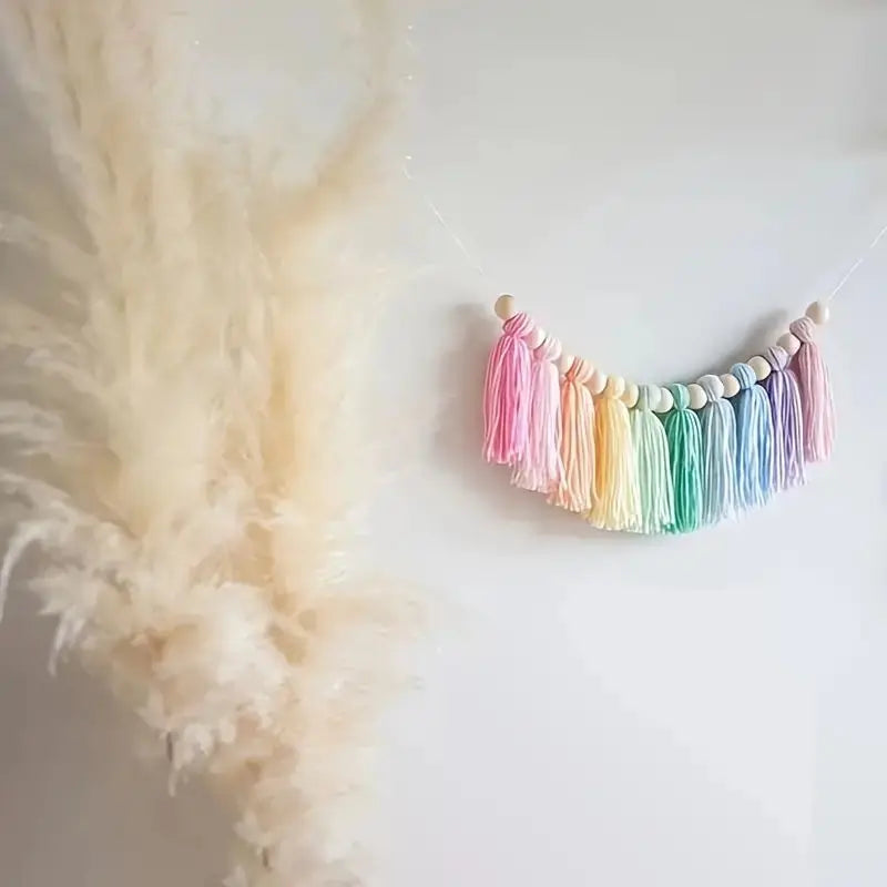 Boho Rainbow Tassel Garland with Wooden Beads