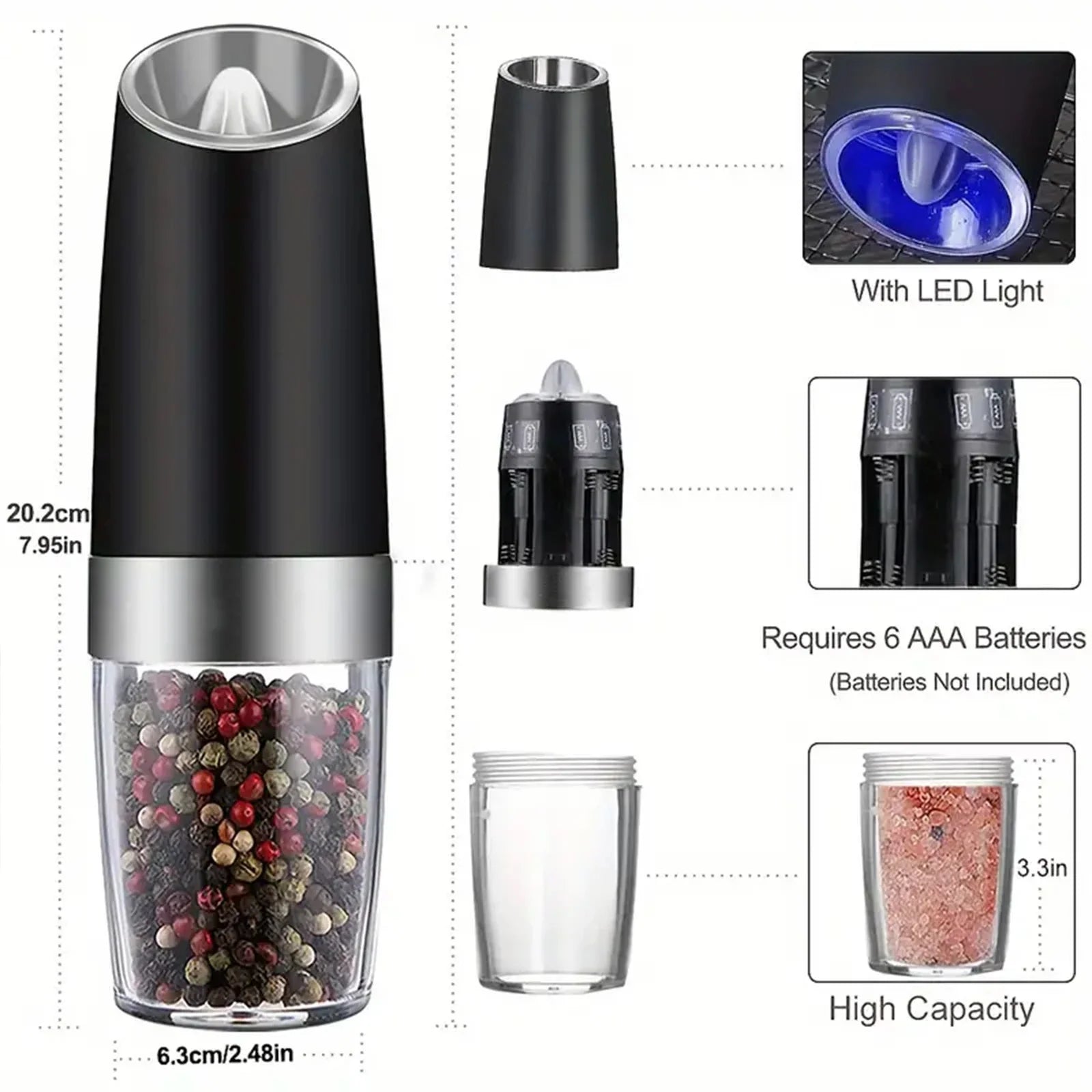 Gravity Electric Salt & Pepper Mill – Automatic Tilt-to-Grind Grinder, Battery Powered with Adjustable Coarseness & Upgraded Large Capacity