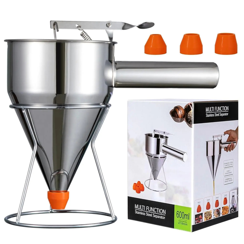 Stainless Steel Pancake Batter Dispenser with Stand – Multi-Caliber Funnel Cake Dispenser with 4 Nozzles for Cupcakes, Waffles & Baked Goods