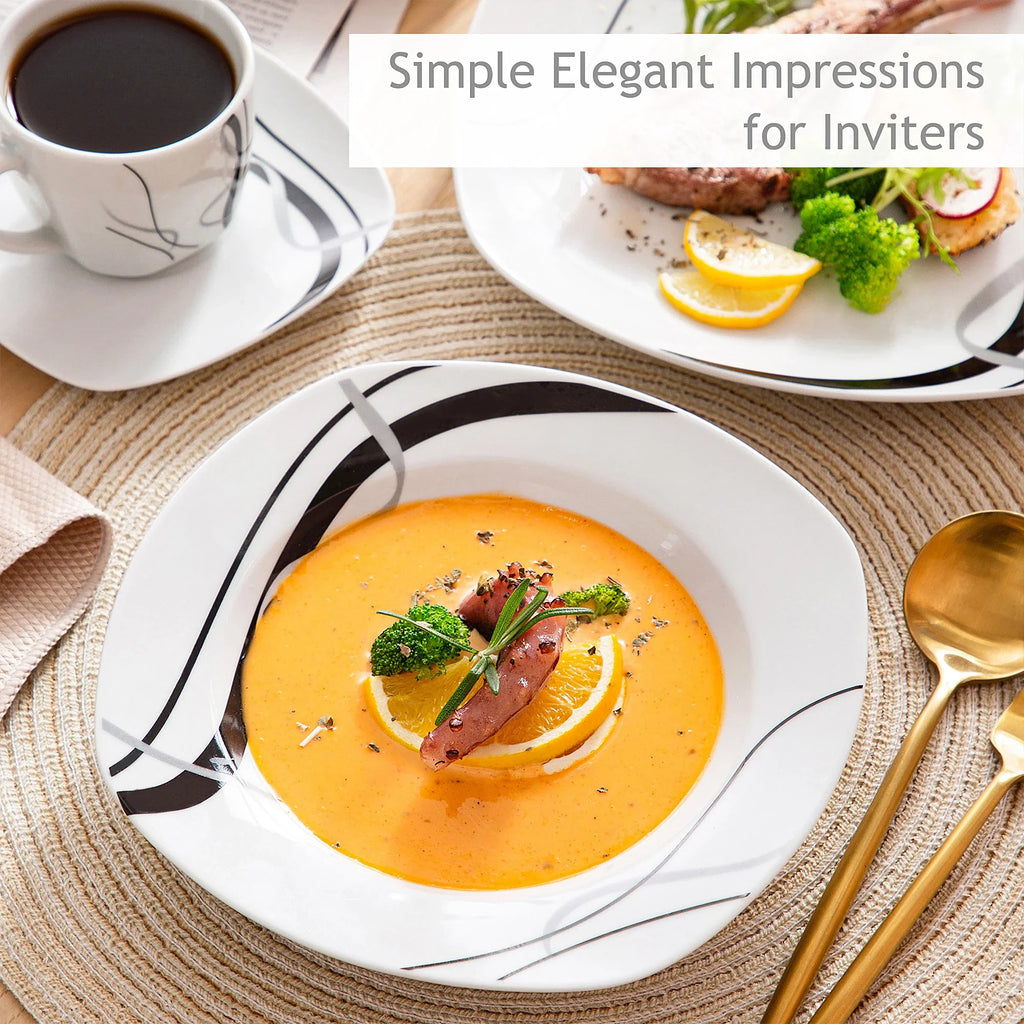 VEWEET FIONA Porcelain Tableware Set – 30/60-Piece Black Line Dinner, Soup & Dessert Plates with Cups & Saucers