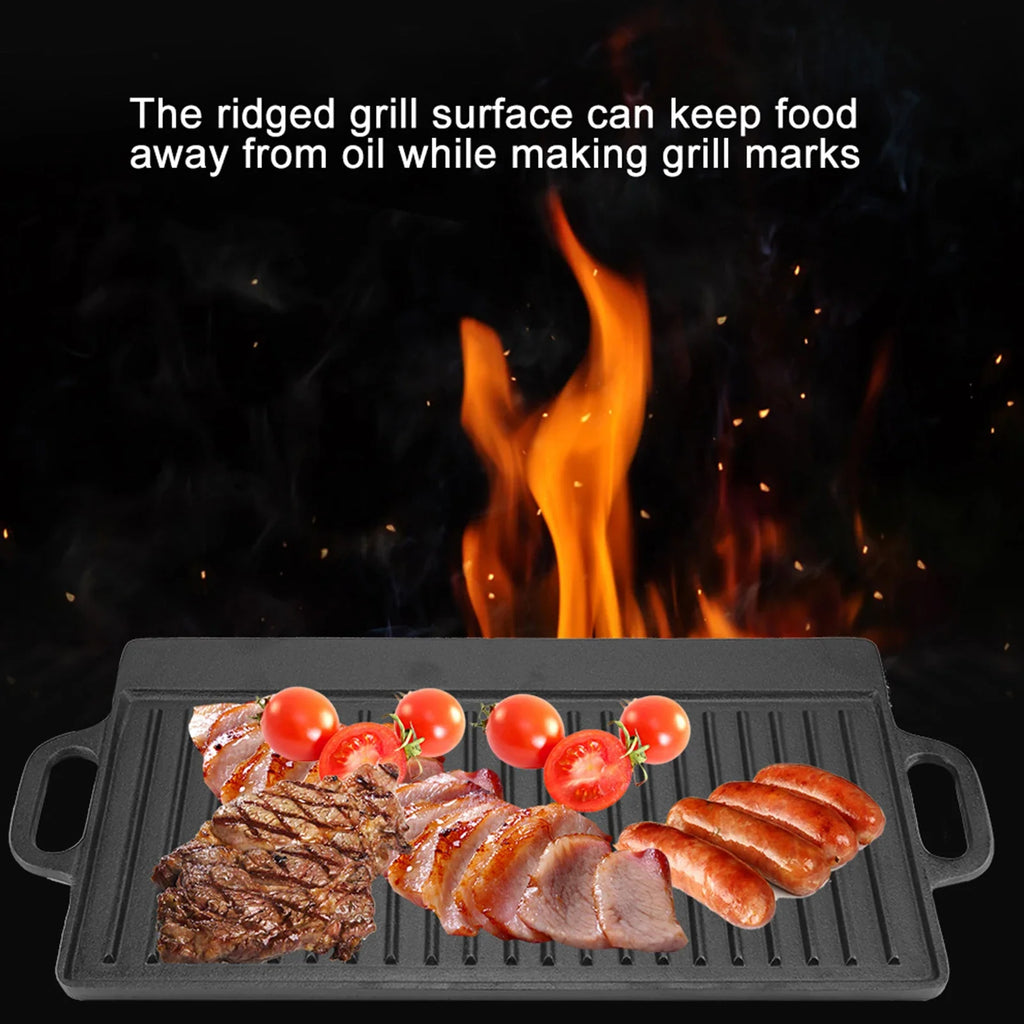 Non-Stick Cast Iron Grill Griddle Pan Ridged and Flat Double Sided Baking Cooking Tray Bakeware Grill Pan Cast Iron Grill Pan