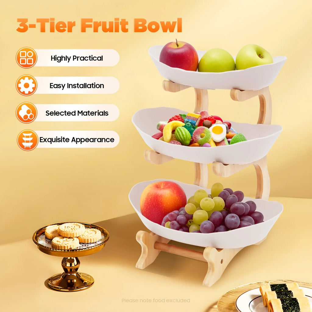 3-Tier Fruit & Dessert Tray Stand – Multi-Layer Snack, Candy & Cake Display with Bamboo Wood Rack for Parties, Weddings & Home Decor